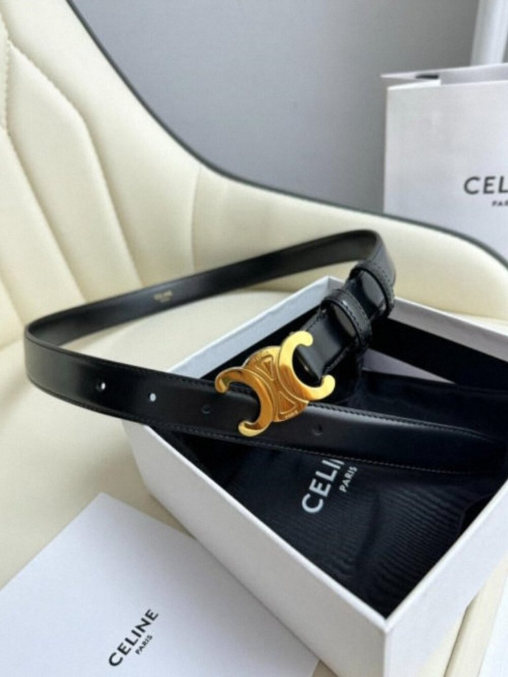 Celine Women's Black Belt with Gold Buckle